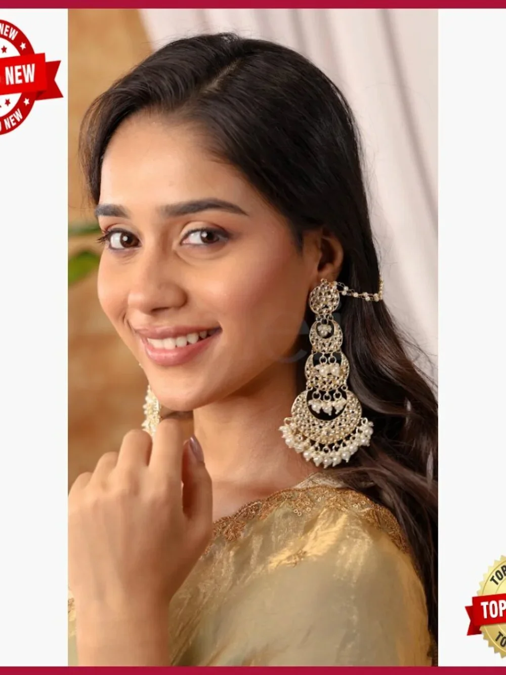Long Kundan Pearl Studded Chandbali Earrings Traditional Indian Jewelry Gift